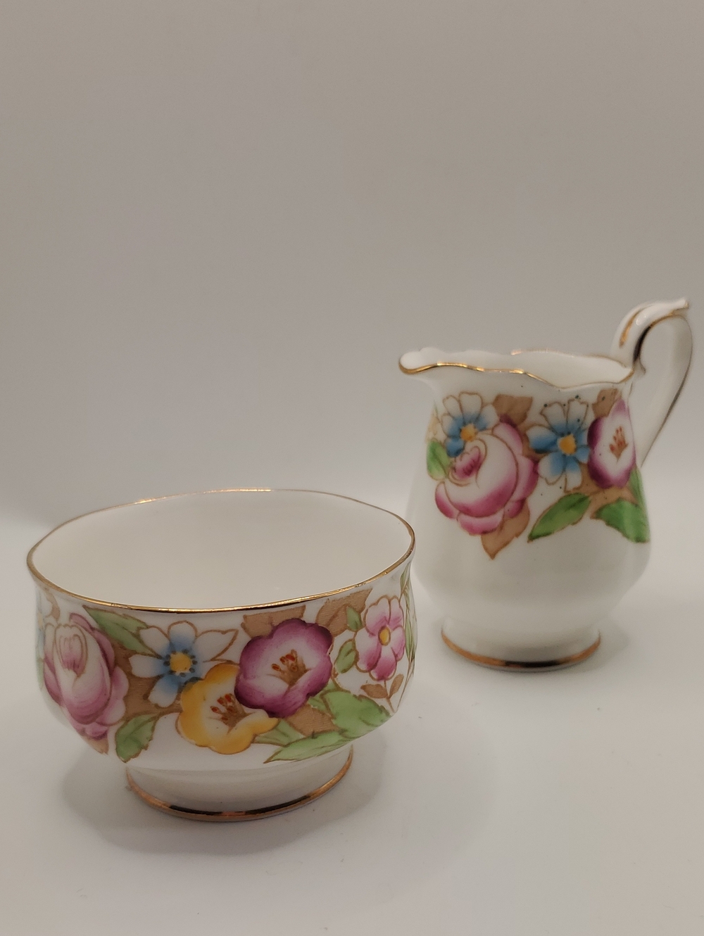 ROYAL ALBERT BOUQUET CREAM & SUGAR WITH GILT GOLD 1950'S